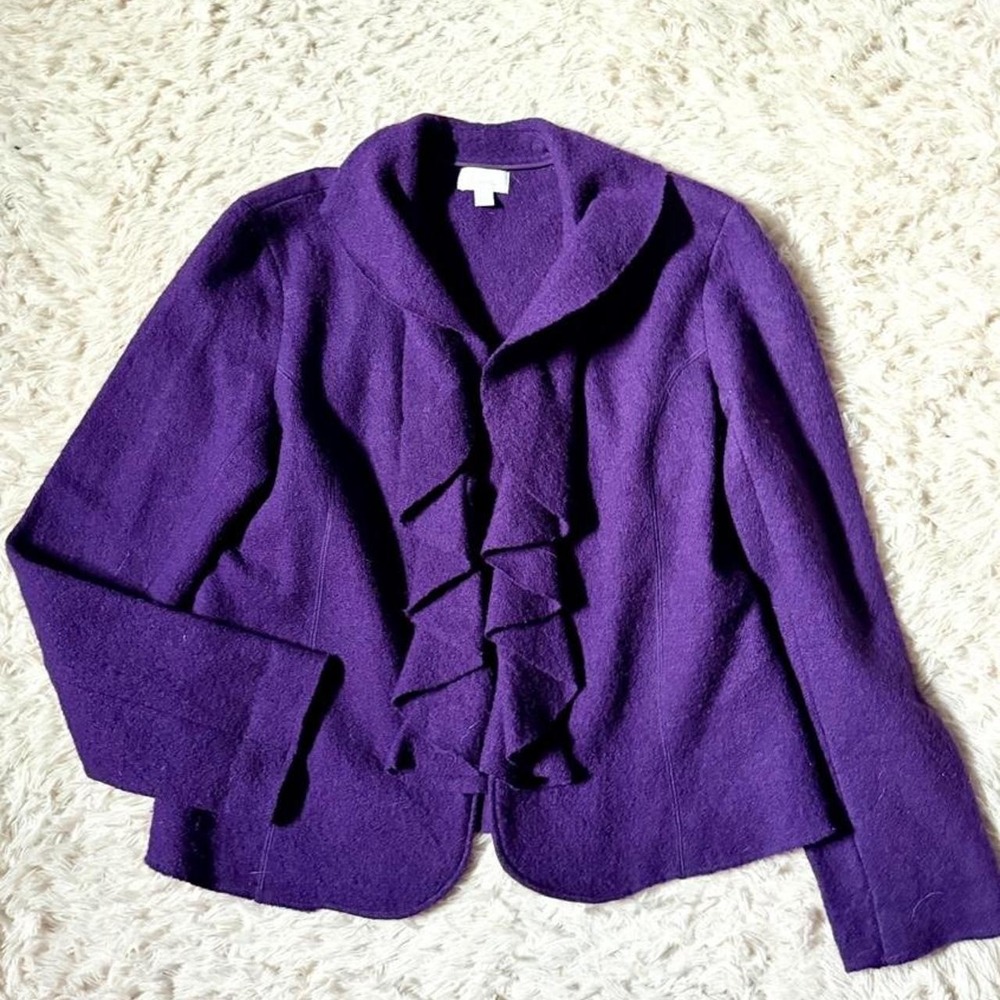 100% Wool Ruffle Regal Purple Quirky Statement Winter Blazer Jacket Womens L